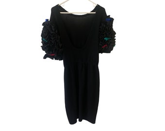 Vintage St John 80's Black Knit Santana Puff Short Sleeve Open Back Dress - 6