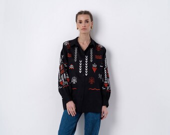 Vyshyvanka Women Ukrainian Vyshyvanka Shirt Modern Embroidered Blouse Ukrainian Costume Made in Ukraine Gift for Her (Slovo Black)