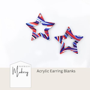 May include: Two star-shaped acrylic earring blanks with a red, white, and blue wave pattern. The earrings have a hole at the top for hanging. The text "Acrylic Earring Blanks" is visible.