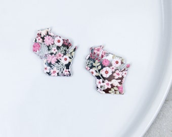 Wisconsin earring blanks, pink floral acrylic stud dangle earrings, DIY blanks for jewelry maker, wholesale earring supplies, mirror earring