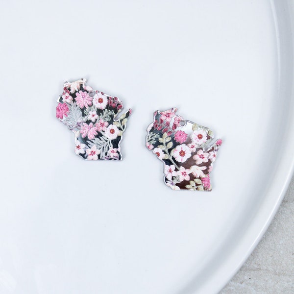 Wisconsin earring blanks, pink floral acrylic stud dangle earrings, DIY blanks for jewelry maker, wholesale earring supplies, mirror earring