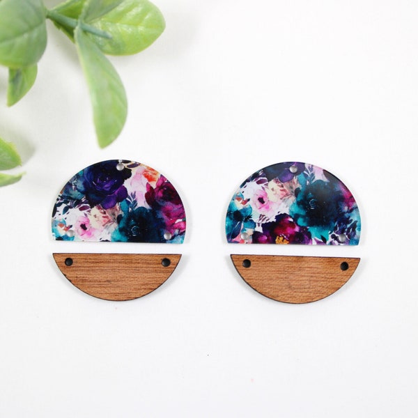 Watercolor floral earring blanks, jewel toned acrylic earring blanks for jewelry makers, DIY earrings, wood and acrylic earring blanks