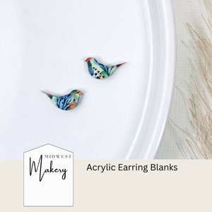 Pode incluir: Dois pares de brincos de acrílico em forma de pássaro com um padrão floral colorido. Os blanks estão em um prato branco. O texto "Midwest Makery" e "Acrylic Earring Blanks" é visível na imagem.