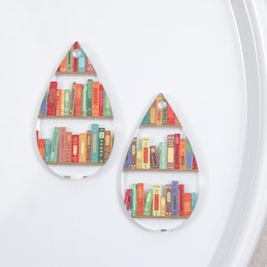 Bookshelf earring blanks, book acrylic earring blanks for jewelry maker, DIY earrings, wholesale earring blank, book lover earrings teardrop