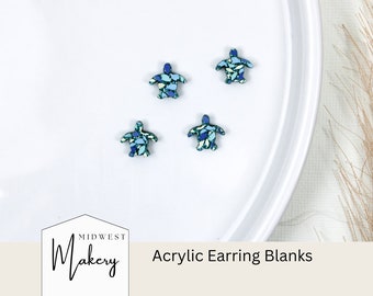 Sea turtle stud earring blanks, glitter blue acrylic earring blanks, wholesale earring blanks for jewelry makers, DIY turtle stud earrings