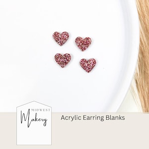 Heart stud earring blanks, pink glitter acrylic earring blanks, DIY Earring supplies, wholesale earring blanks for earring makers, Valentine