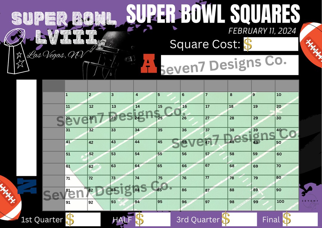 Super Bowl 100 Square PRINTABLE Template - Etsy