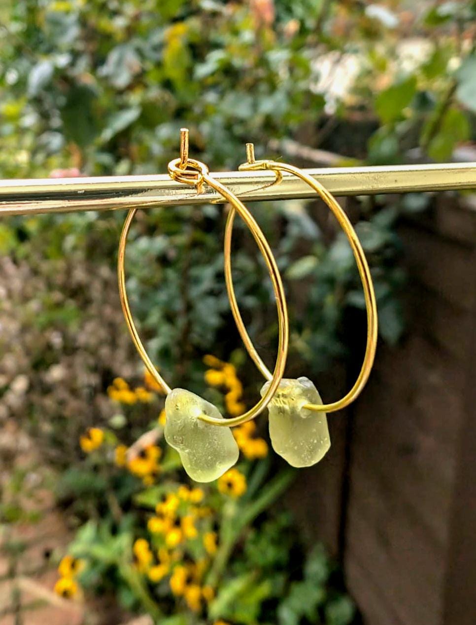 Seafoam Green Seaglass Gold Hoop Earrings