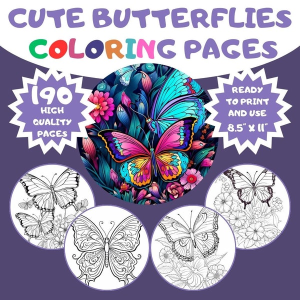 190 Pages Floral Butterfly Coloring Book for Kids and Adults, Floral Coloring Pages, Printable Butterfly Coloring Pages, Fantasy Coloring