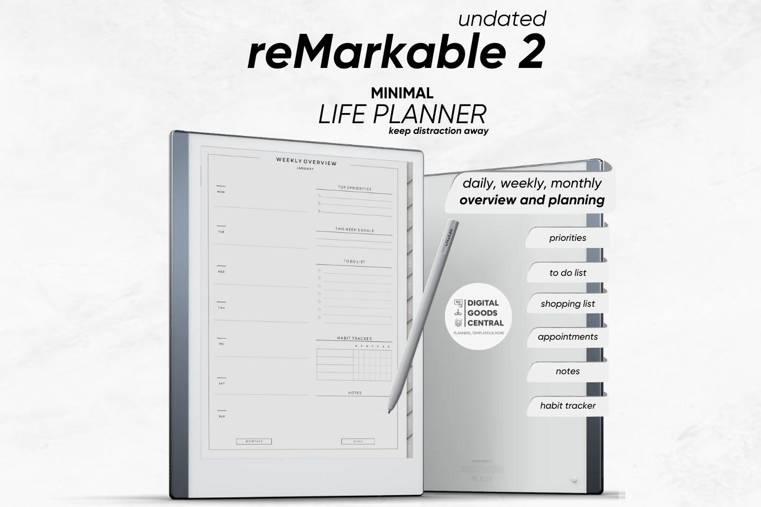 2024 Minimal Remarkable 2 Planner, Full Focus, Remarkable 2 Daily