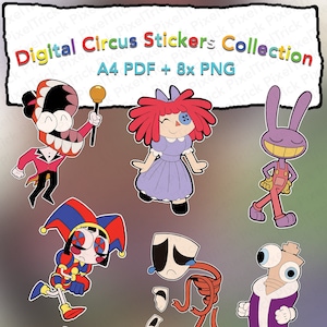 Set van 8 afdrukbare digitale circusstickersbundel, digitale download, geweldige parodieset voor digitale circuskarakters