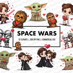 12 Colección de imágenes prediseñadas de Space Wars, invitaciones a fiestas de San Valentín, arte de pared vintage de San Valentín, lindas postales de San Valentín - Descarga instantánea