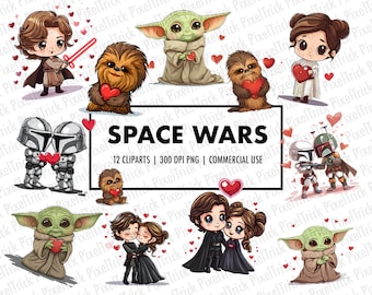 Space Wars Valentine Clipart Collection, 12 PNGs (Digital Download)