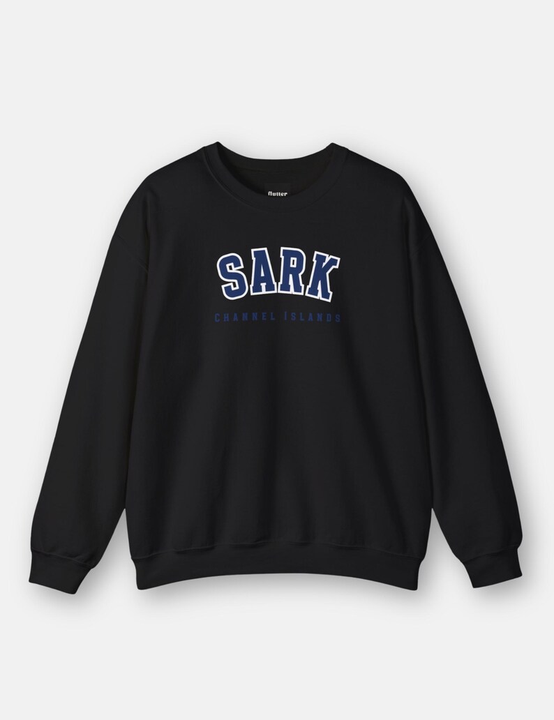 May include: Black sweatshirt with a blue and white graphic print that says "SARK CHANNEL ISLANDS".