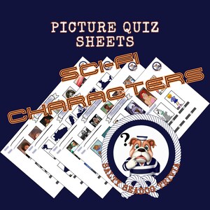 May include: A set of printable picture quiz sheets featuring sci-fi characters. The sheets are white with black text and images. The sheets are stacked on top of each other, with the top sheet showing a picture of a character from the movie "Star Wars". The sheets are labeled "Picture Quiz" and "Sci-Fi Characters".
