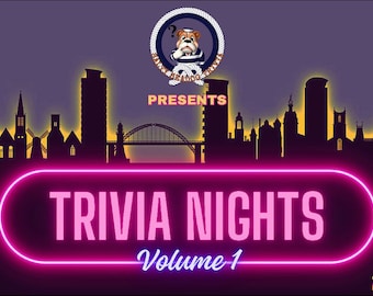 Pode incluir: Uma placa de néon rosa com o texto "Trivia Nights Volume 1" sobre um fundo roxo com uma silhueta de um horizonte urbano. A placa é cercada por um contorno preto. Um logotipo com um bulldog usando um chapéu de marinheiro está na parte superior central da imagem. O logotipo diz "Tank Bulldog Band" e "Presents".