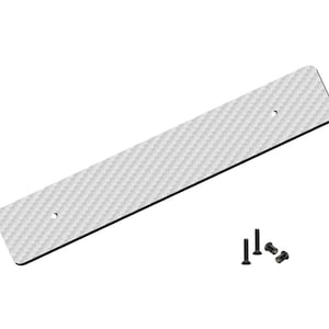 May include: White carbon fiber license plate frame with two mounting holes and four black screws.