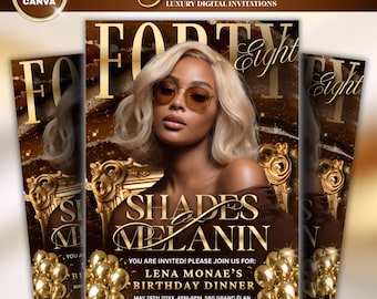 Invito digitale di lusso per il 48° compleanno / Invito di compleanno modificabile / Invito di compleanno elettronico Canva / 48 sfumature di melanina / Marrone e oro 48