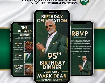 Invito digitale di lusso per il 95° compleanno di un ragazzo, nei colori verde e oro / Invito di compleanno modificabile / Invito di compleanno elettronico per Canva / Invito elettronico per il 95° compleanno di un ragazzo