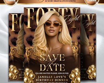 Invito digitale di lusso per il 48° compleanno con stampa leopardata e dettagli dorati / Invito modificabile / Invito di compleanno digitale Canva / Biglietto elegante / Save the Date 48