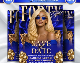 Invito digitale di lusso per il 48° compleanno in blu e oro / Invito modificabile / Invito di compleanno elettronico per Canva / Biglietto elegante / Save the Date 48