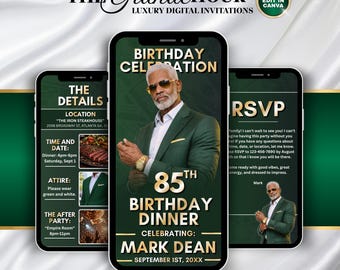 Invito digitale di lusso per l'85° compleanno di un ragazzo, nei colori verde e oro / Invito di compleanno modificabile / Invito di compleanno digitale per Canva / Invito digitale per ragazzi di 85 anni