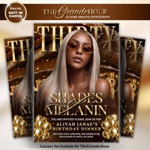May include: A digital invitation for a birthday dinner, featuring a woman with long blonde hair and sunglasses. The invitation has gold text that reads "Shades of Melanin" and "Thirty Eight". Includes event details and gold balloon graphics.