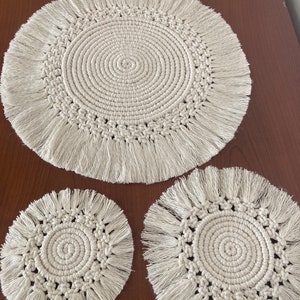 Macrame Set of 3 Placemats/Coasters, S/M/L Size , Handmade Home Fringe Decor, Wedding Table Decor