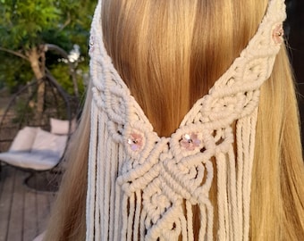 Velo da sposa in macramè, accessorio per capelli da sposa boho, fiori rosa