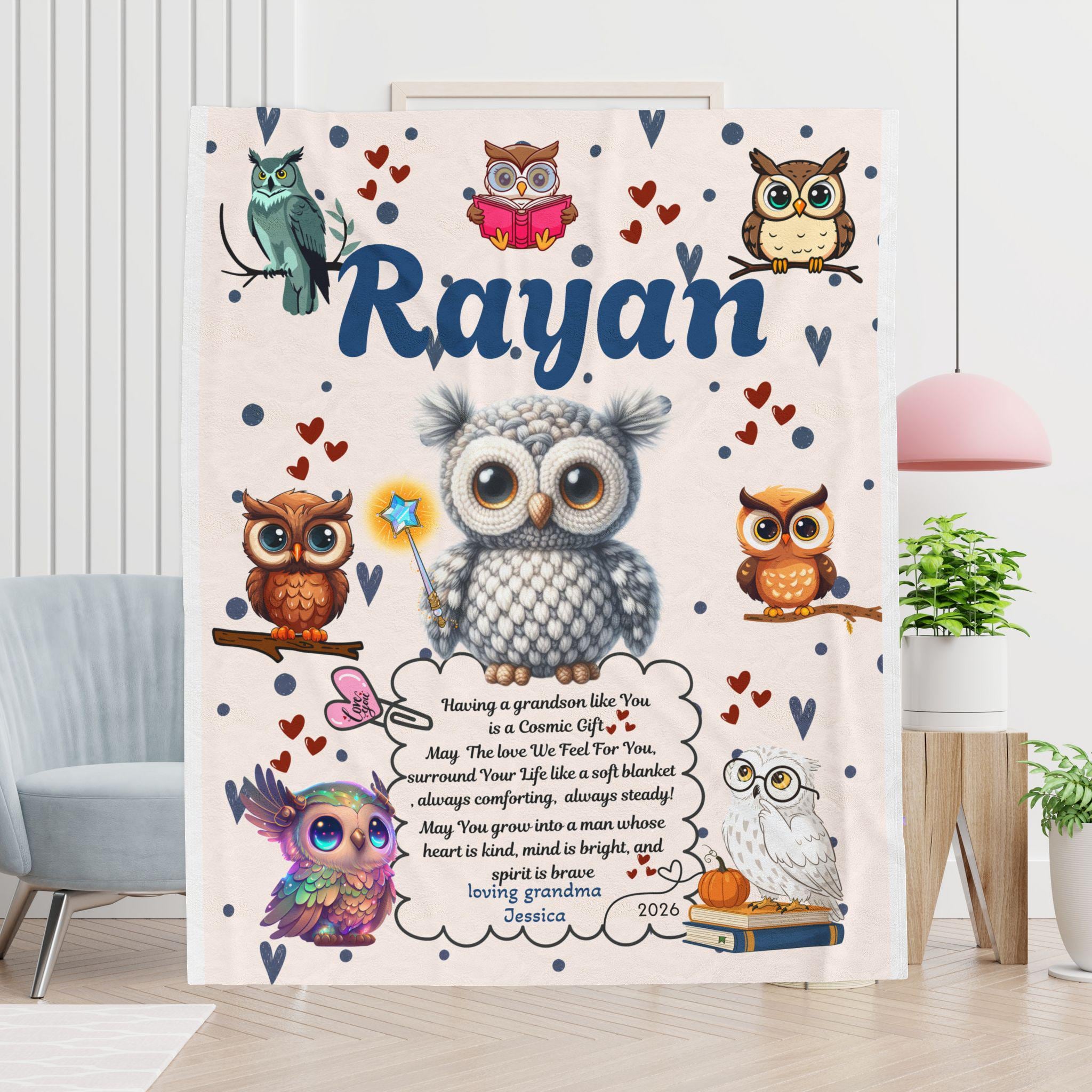Grandson Personalized Owl tail Name Blanket Velveteen Plush love note Blanket birthday gift from gra