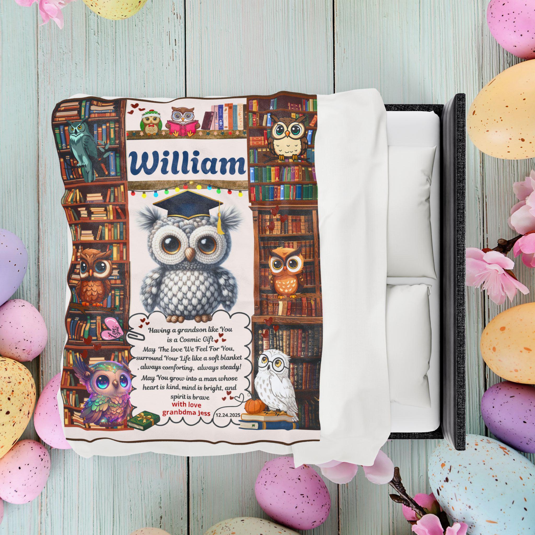 Personalized library Owl art Blanket Baby grandson birthday gift | newborn Velveteen Plush Blanket l
