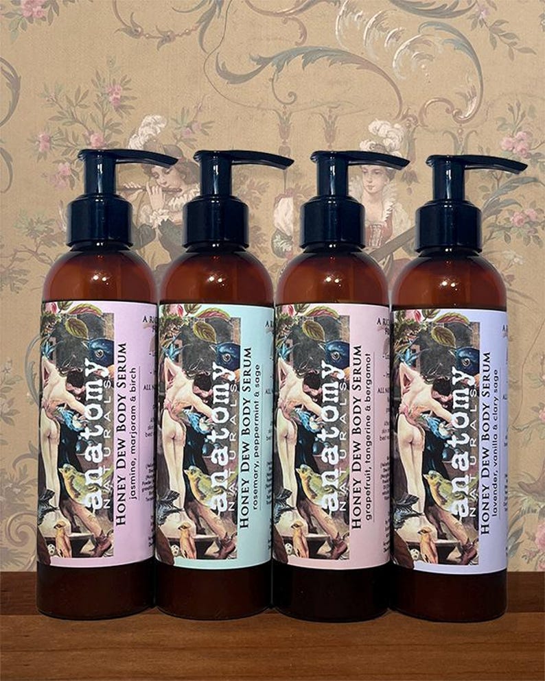Honey Dew botanical body serum shown in four botanical scents, intensive body moisturizer for dry and sensitive skin.
