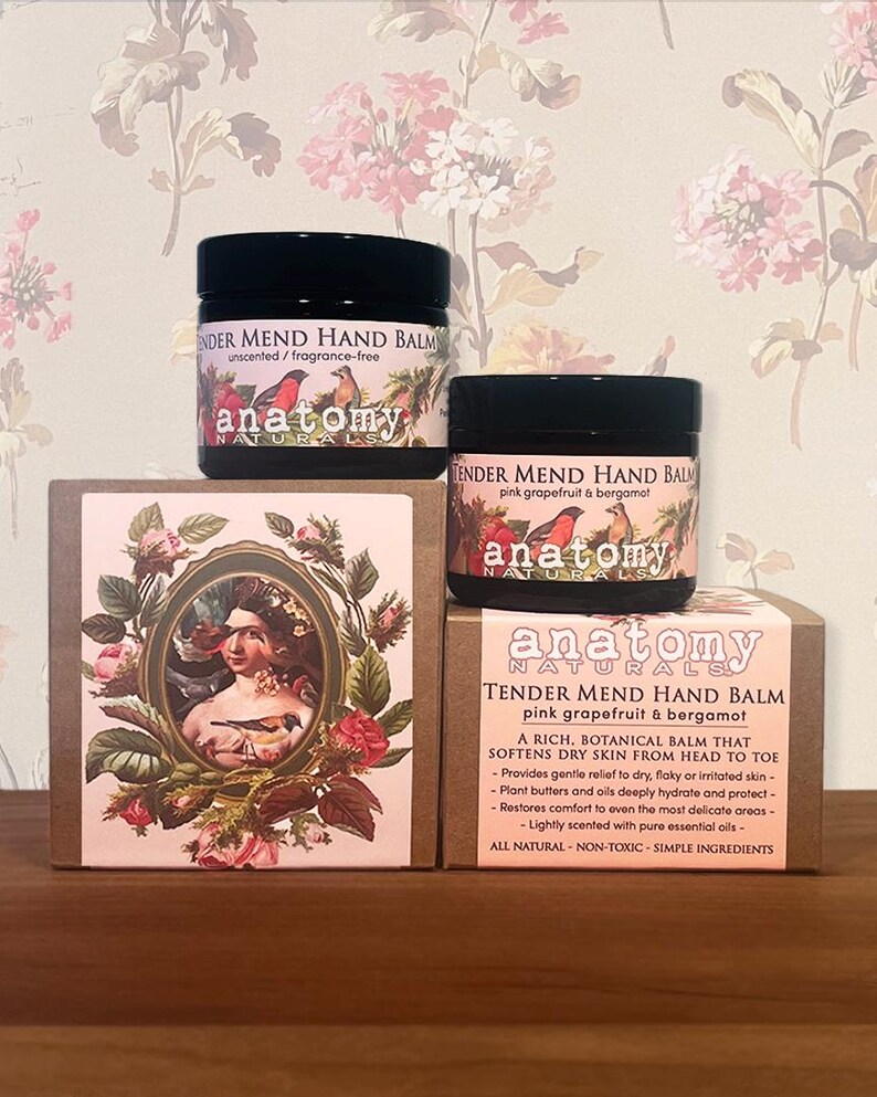 Tender Mend Hand Balm jar unscented and fragrance free as part of the Quiet Care gift box by Anatomy Naturals. Extremely gentle and protective moisturizer for dry, chapped or cracked skin.