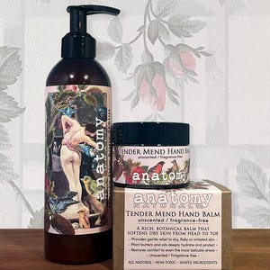 Unscented skincare gift set by Anatomy Naturals. Quiet Care comforting botanical skincare for sensitive skin. Fragrance free moisturizing Honey Dew Body Serum and Tender Mend hand balm.