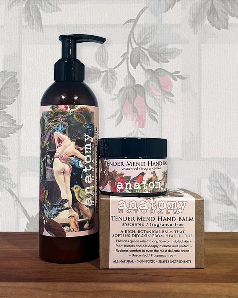 Unscented skincare gift set by Anatomy Naturals. Quiet Care comforting botanical skincare for sensitive skin. Fragrance free moisturizing Honey Dew Body Serum and Tender Mend hand balm.