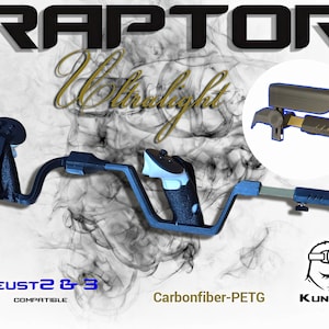 May include: A blue and black VR headset strap attachment called the Raptor Ultra-light. It is made of carbon fibre-PETG and is compatible with Quest 2 & 3. The image shows optional adjustable cheekrest and premium hand straps.