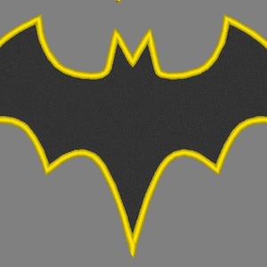 May include: A black bat symbol with a yellow outline, set against a gray background. The bat symbol has a textured appearance, suggesting an embroidered or stitched design. The yellow outline provides a contrasting border.