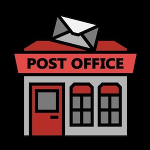 May include: A red and gray cartoon illustration of a post office building with two windows and a door. The building has a red roof with a white envelope on top. The sign above the door reads "POST OFFICE".