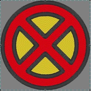 May include: Embroidered patch with a red circular design and a black border. A yellow 'X' shape is centrally placed, also outlined in black. This striking graphic emblem is ideal for clothing or accessories.