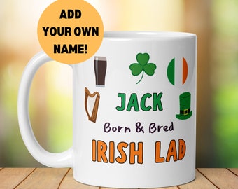 Personalised Irish Gift Mug, Born And Bred Irish Lad, St Patricks Day Gift For Him Birthday Christmas Leaving Gift, Funny Ireland Present