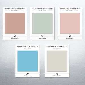 May include: Five different colored sticky note pads, each with the text "TRANSPARENT STICKY NOTES 3x3 - 50 SHEETS" and the text "@KerryAnneCo" at the bottom. The colors are light brown, light green, light pink, light blue, and light gray.