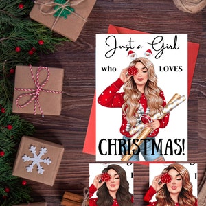 Tarjeta de felicitación navideña con el mensaje "Solo una chica que ama la Navidad"