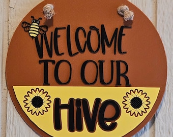 Bee-Themed WELCOME to OUR HIVE Sign - Rustic Handcrafted Home Decor with Sunflowers Accent