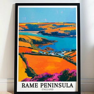 May include: A colorful illustration of the Rame Peninsula in England. The image shows a coastal landscape with a blue bay, green hills, and orange fields. The text "Rame Peninsula, England" is at the bottom of the image.
