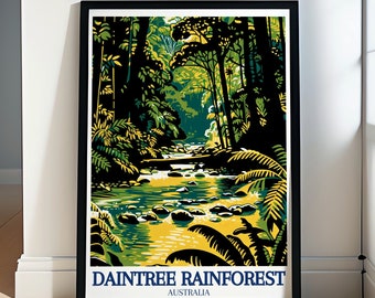 May include: A framed poster with a green and yellow illustration of a rainforest with a river running through it. The text "DAINTREE RAINFOREST AUSTRALIA" is at the bottom of the poster.