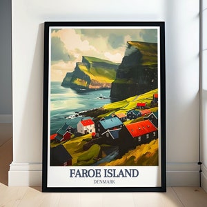 Póster de viaje a las Islas Feroe: póster de viaje al pueblo de Bøur y al océano Atlántico - Arte de Dinamarca - Decoración de pared de Dinamarca