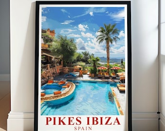 Arte mural de la discoteca Pikes Ibiza - Póster enmarcado de Ibiza - Impresión de Pikes Ibiza - Póster de Pikes Ibiza - Regalo para la zona de la piscina del hotel y discoteca Pikes