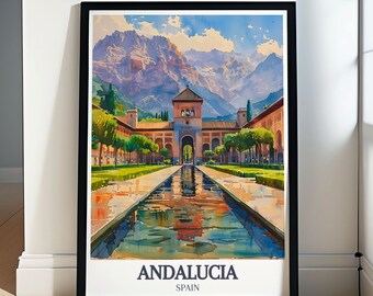 Alhambra Palace Art Print | Andalucia Spain Travel Poster | Sierra Nevada Mountain Wall Decor Gift