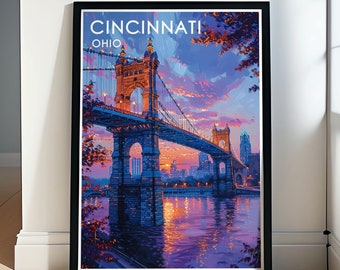 Cincinnati Poster - Framed Roebling Suspension Bridge Print - Cincinnati Wall Art - Cincinnati Travel Gift & Souvenir