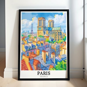 Paris Poster - Framed Eiffel Tower Print - Notre Dame Cathedral Canvas Print - Paris Wall Art - Paris Travel Gift & Souvenir